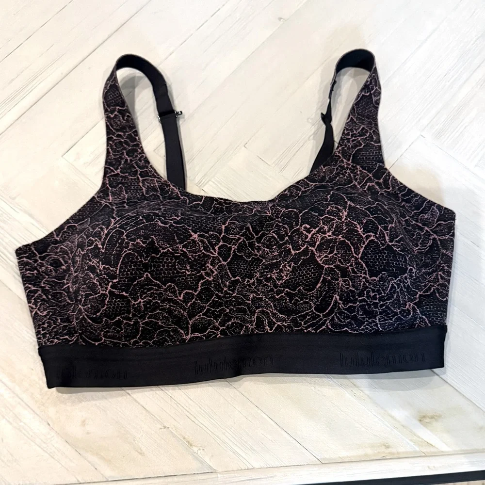 Lululemon Athletica Black and Pink Lace Print Sports Bra, Size 34D